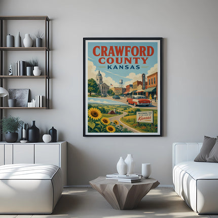 Crawford County, Kansas travel poster with landmarks and text.
