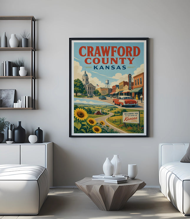 Crawford County, Kansas travel poster with landmarks and text.