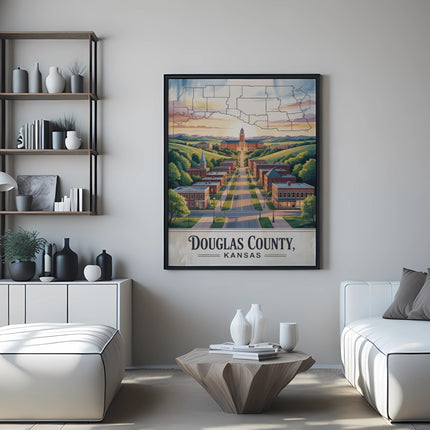Douglas County, Kansas map poster above a sofa.