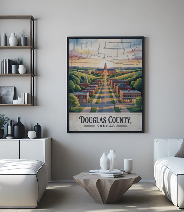Douglas County, Kansas map poster above a sofa.