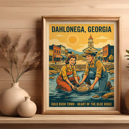 Retro poster of a couple gold panning in Dahlonega, Georgia.