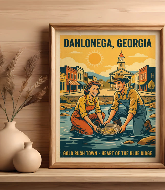 Retro poster of a couple gold panning in Dahlonega, Georgia.
