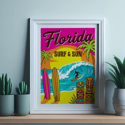 Vintage Florida surf and sun poster with tiki masks and surfboards.