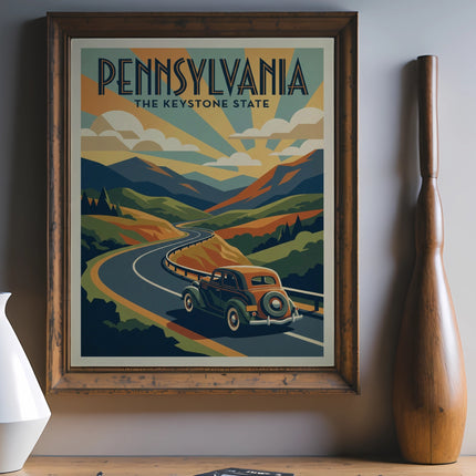 Pennsylvania Keystone State vintage travel poster with a car on a winding road.