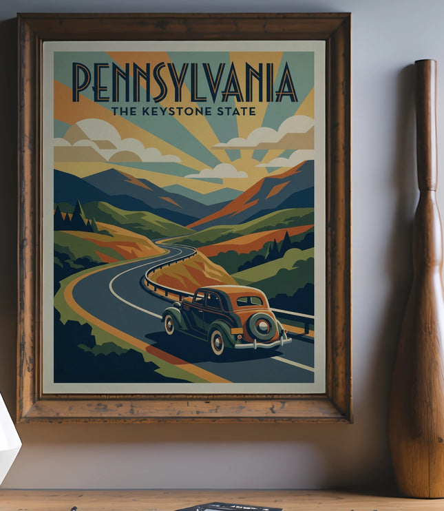 Pennsylvania Keystone State vintage travel poster with a car on a winding road.