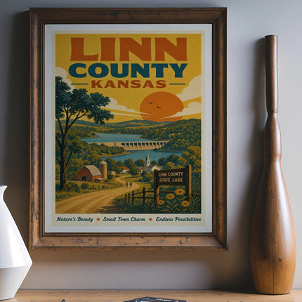 Linn County Kansas State Lake vintage travel poster with landscape and text.