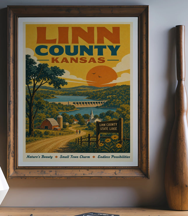 Linn County Kansas State Lake vintage travel poster with landscape and text.