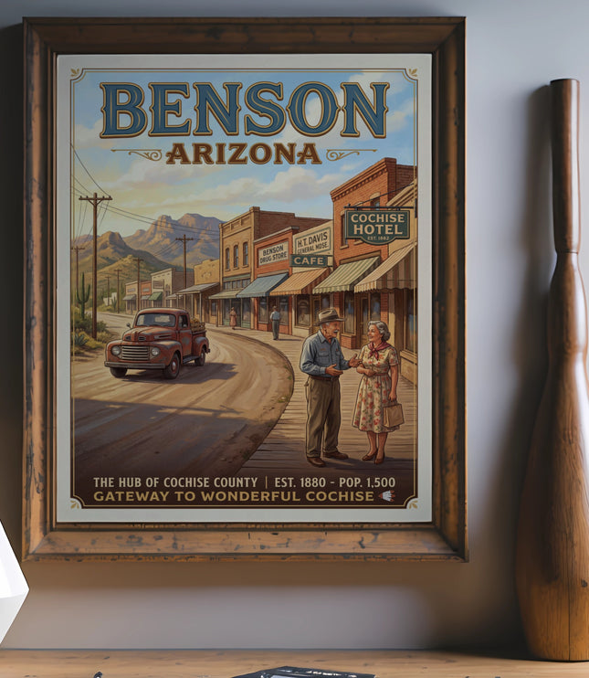 Benson Arizona vintage travel poster with a retro truck and couple.