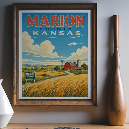 Vintage Marion County Kansas travel poster with wheat fields and barn.