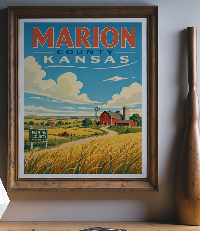 Vintage Marion County Kansas travel poster with wheat fields and barn.