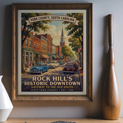 Vintage poster of Rock Hill's Historic Downtown, York County, South Carolina.
