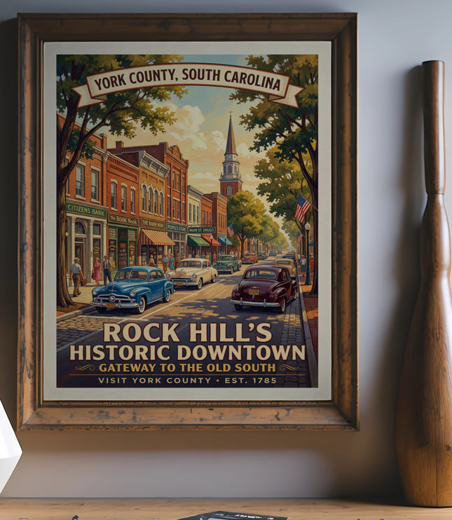 Vintage poster of Rock Hill's Historic Downtown, York County, South Carolina.