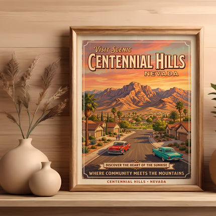 Vintage poster: Centennial Hills, Nevada, with mountains, desert homes, and classic cars.