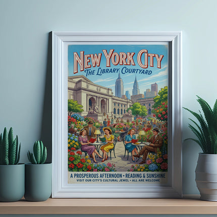 New York City Library Courtyard poster with people reading and enjoying sunshine.