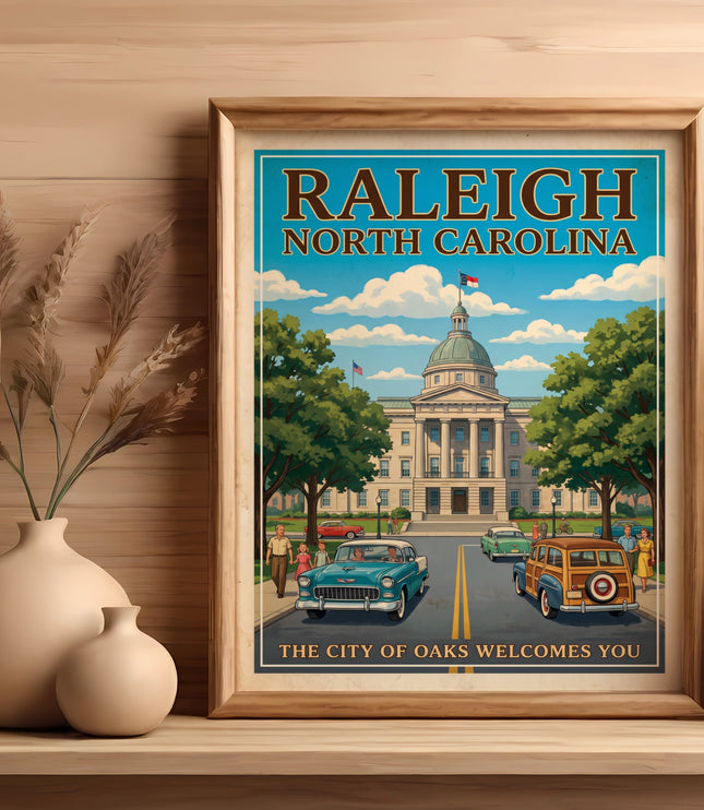 Raleigh North Carolina, The City of Oaks welcomes you vintage poster.