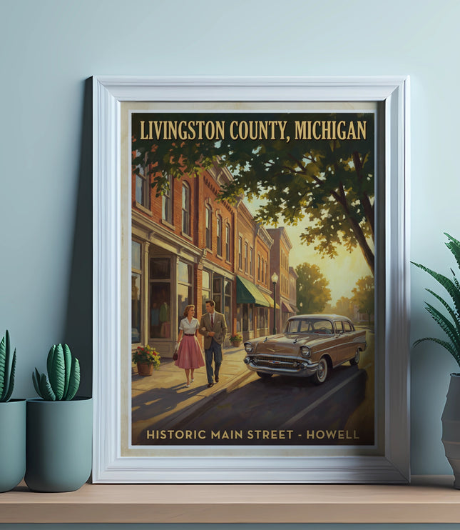 Livingston County, Michigan historic main street Howell vintage poster with couple and car.