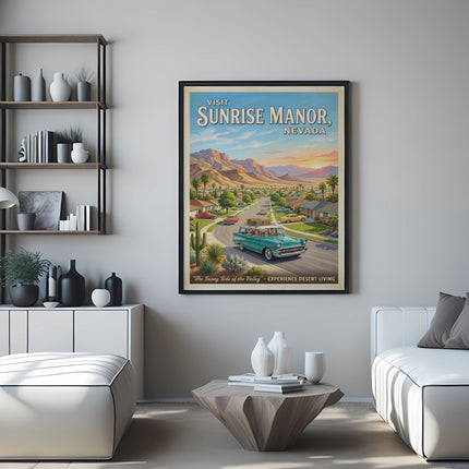 Vintage travel poster for Sunrise Manor, Nevada, with cars and desert landscape.
