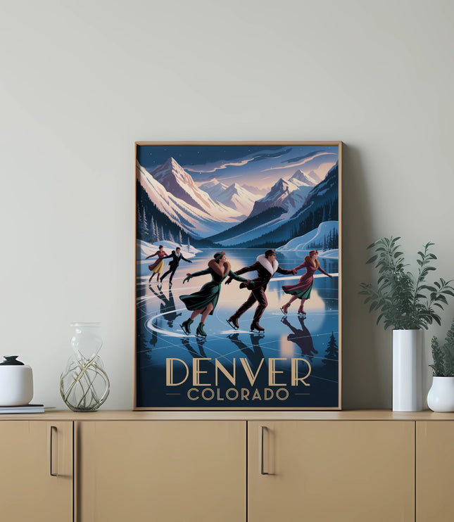 Vintage travel poster art of figure skaters on a frozen lake in Denver, Colorado.