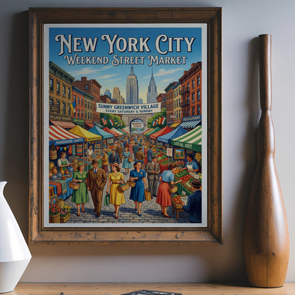 New York City Weekend Street Market poster featuring Sunny Greenwich Village.