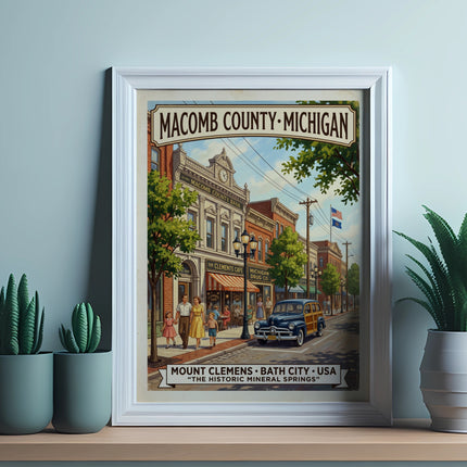 Vintage Maub County Michigan poster of Mount Clemens showing shops and a family.
