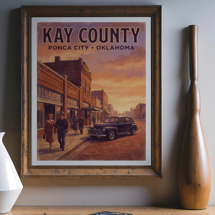 Kay County Ponca City Oklahoma vintage travel poster with people and car