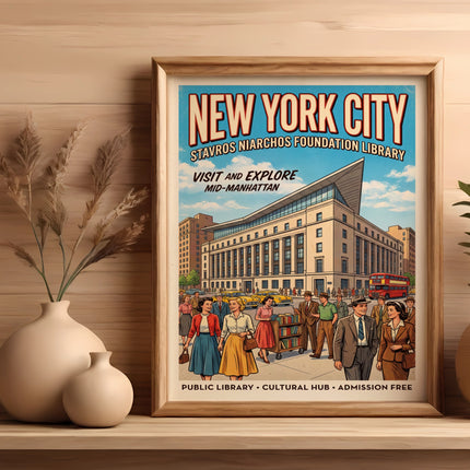 New York City Stavros Niarchos Foundation Library poster with people and text.