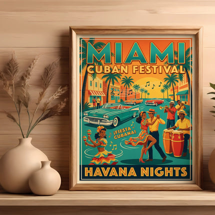 Miami Cuban Festival Havana Nights poster with vintage cars and dancers.