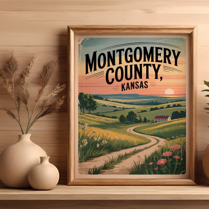 Montgomery County, Kansas travel poster with a winding road through rolling hills.