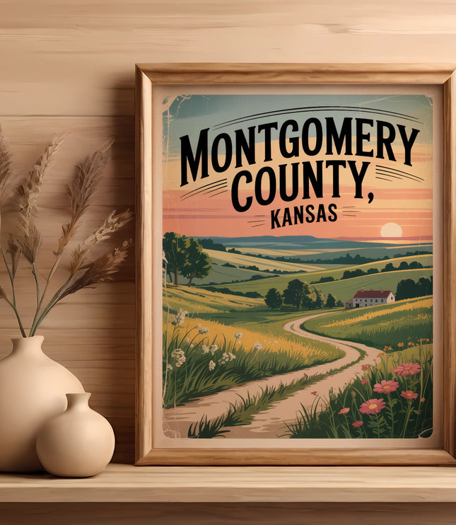 Montgomery County, Kansas travel poster with a winding road through rolling hills.