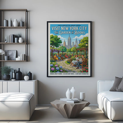 Poster for "Visit New York City: The Garden of Books" with park scene.