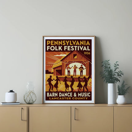 Pennsylvania Folk Festival 1936 poster with people dancing near a barn.