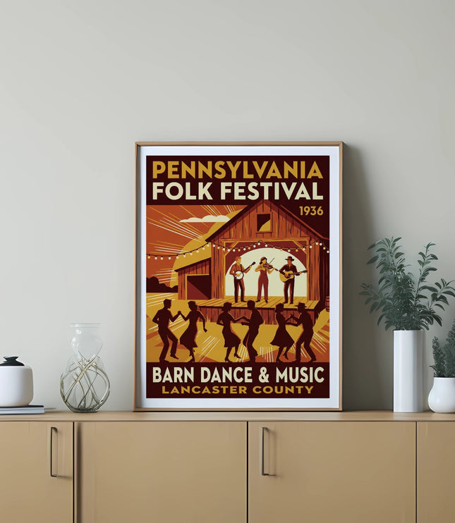 Pennsylvania Folk Festival 1936 poster with people dancing near a barn.