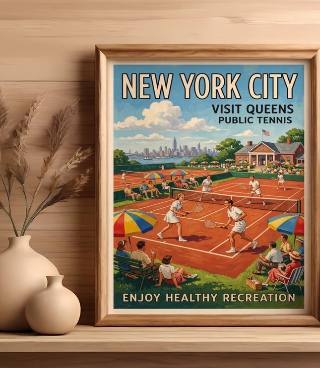 Vintage "New York City Visit Queens Public Tennis" poster with tennis players and city skyline.