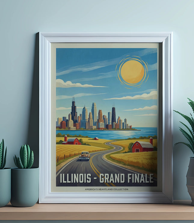 Framed poster depicting Illinois cityscape, rural farms, and a vintage car on a road.
