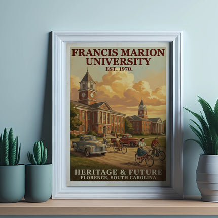 Francis Marion University poster with campus buildings, vintage cars and people cycling.