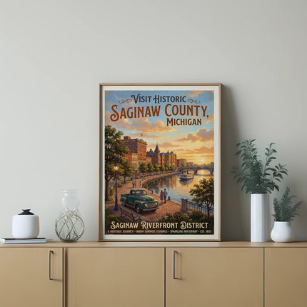 Poster shows a vintage scene of Saginaw Riverfront District, Michigan at sunset.