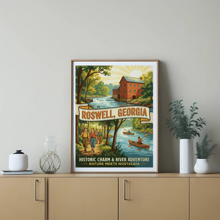 Vintage poster showing Roswell, Georgia, with a river, a mill, and boats.