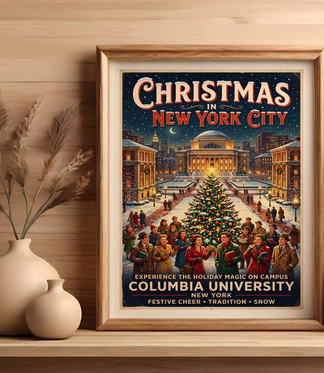 Christmas in New York City poster featuring Columbia University and a decorated tree.