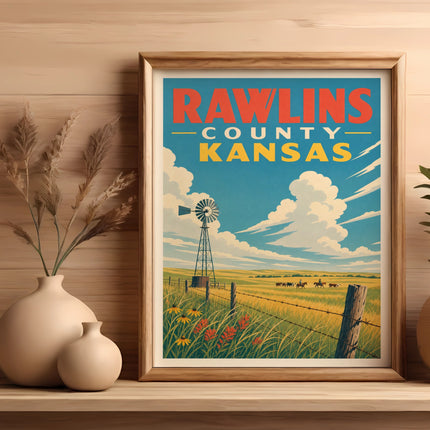 Framed poster for Rawlins County, Kansas, with a windmill and horses.