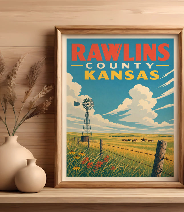 Framed poster for Rawlins County, Kansas, with a windmill and horses.