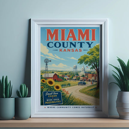 Miami County, Kansas vintage poster with town scene, sunflowers, and text.