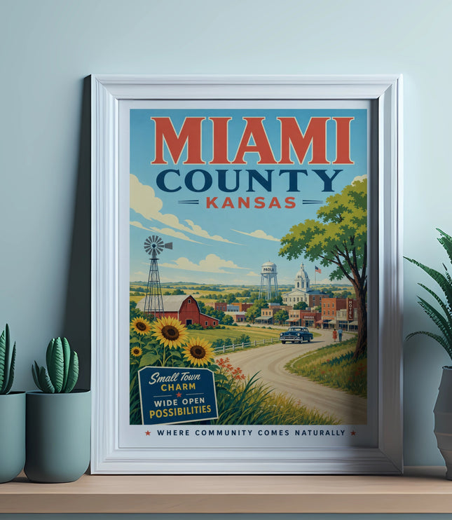 Miami County, Kansas vintage poster with town scene, sunflowers, and text.