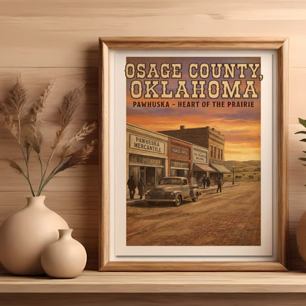 Osage County, Oklahoma vintage poster, Pawhuska Mercantile, old truck, sunset.