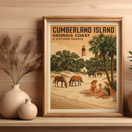 Cumberland Island, Georgia Coast poster with lighthouse, beach, people, and horses.