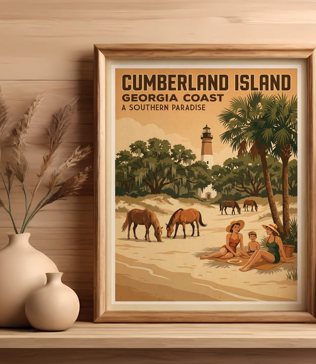 Cumberland Island, Georgia Coast poster with lighthouse, beach, people, and horses.