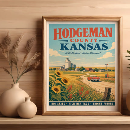 Hodgeman County Kansas vintage travel poster with sunflowers and a classic car.