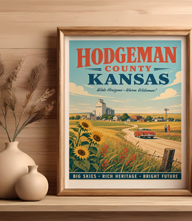 Hodgeman County Kansas vintage travel poster with sunflowers and a classic car.