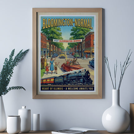 Vintage travel poster for Bloomington-Normal, Illinois, featuring a train.