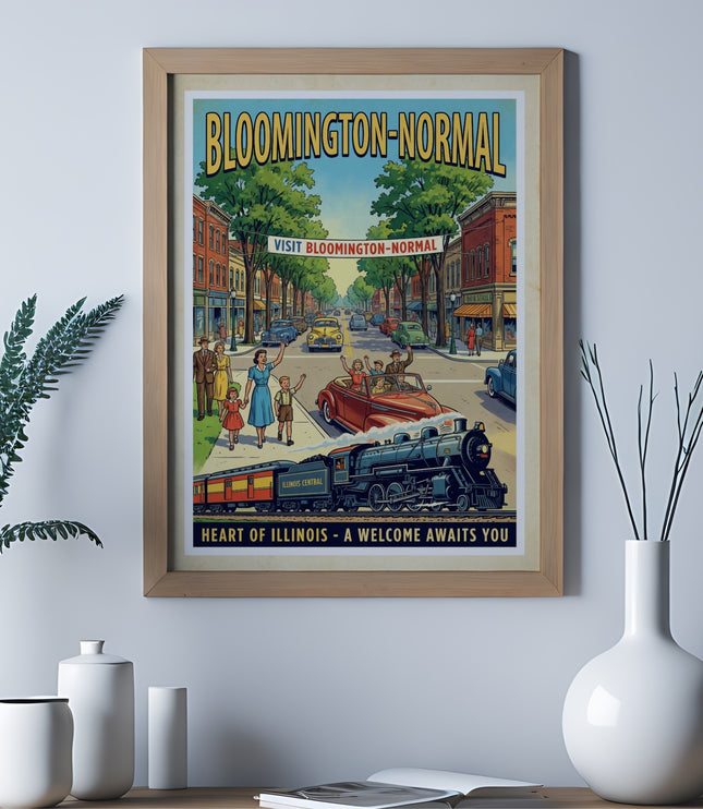 Vintage travel poster for Bloomington-Normal, Illinois, featuring a train.
