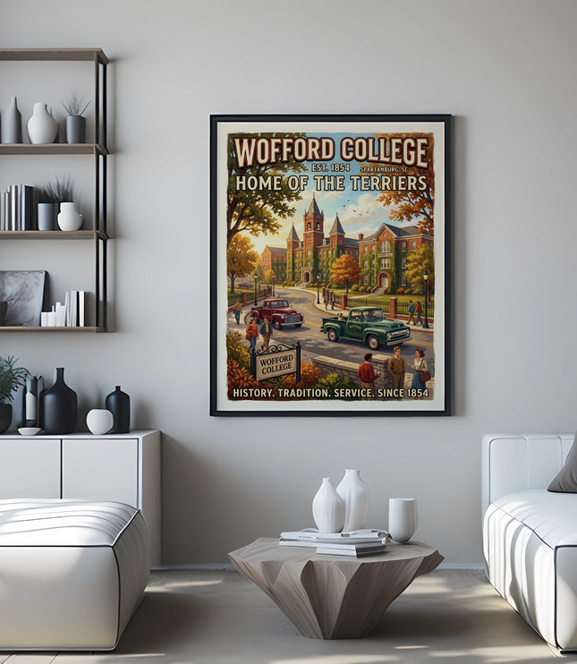 Wofford College "Home of the Terriers" vintage travel poster with campus buildings and cars.